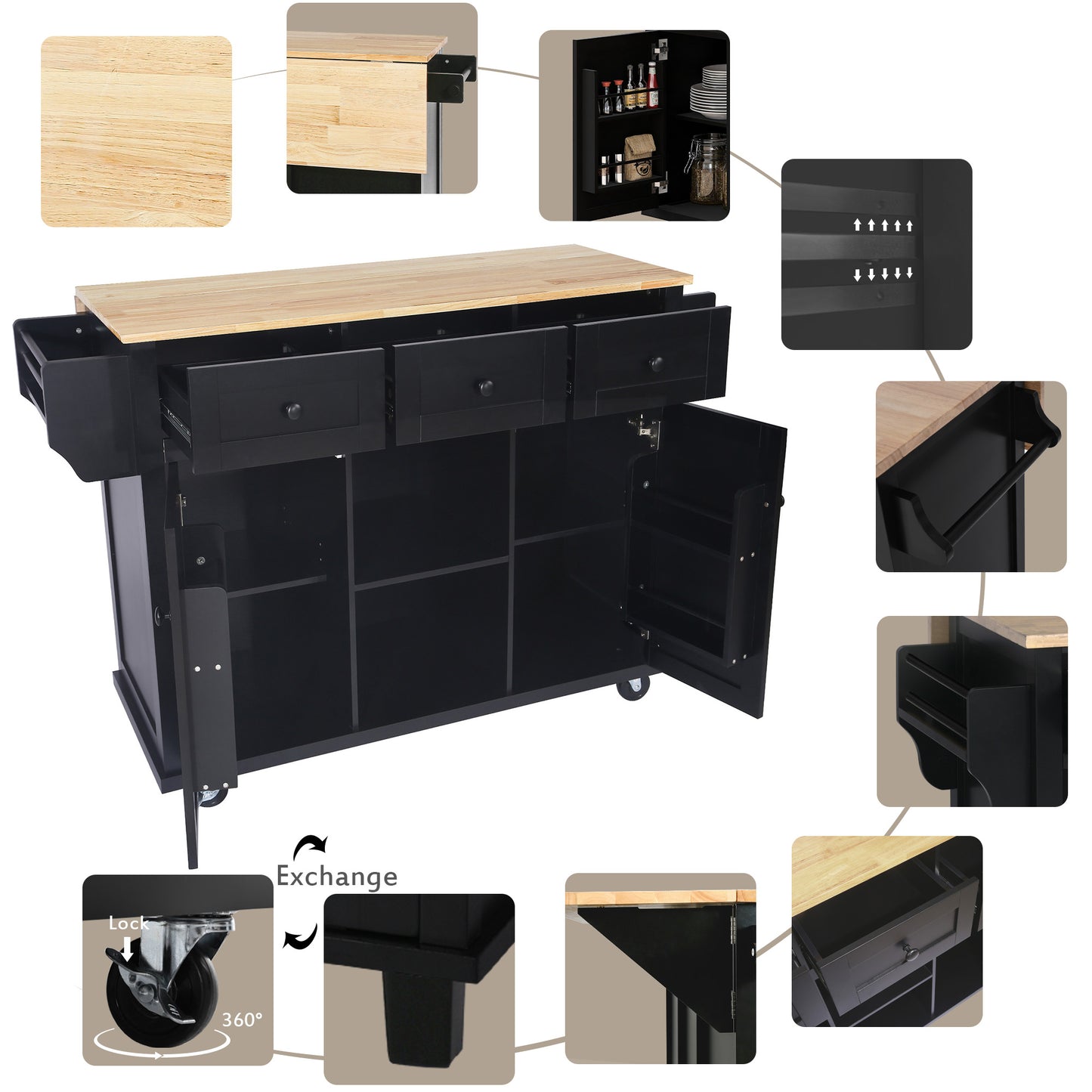 Kitchen trolley with rubber wood leaf countertop, 5-wheel kitchen island, storage cabinet and 3 dining drawers, black