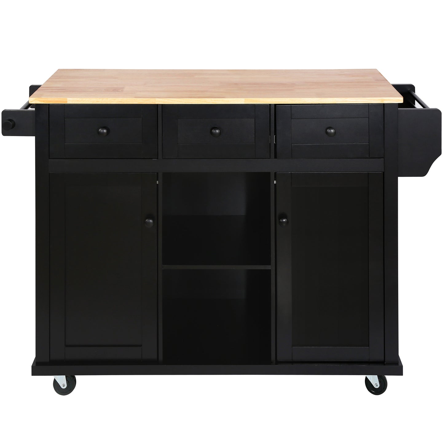 Kitchen trolley with rubber wood leaf countertop, 5-wheel kitchen island, storage cabinet and 3 dining drawers, black