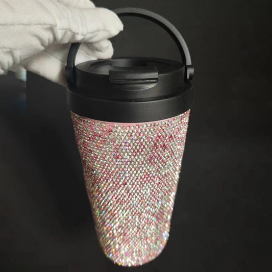 Diamond inlaid vacuum stainless steel coffee cup creative handle insulated cup vacuum portable car cup