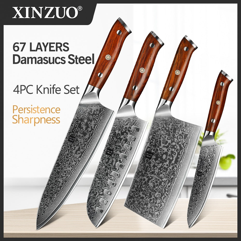 XINZUO 1/4PC Kitchen Knife Sets vg10 Core Damascus Steel Chef Santoku Utility Cleaver Knives Stainless Steel Slicing Meat Cutlery