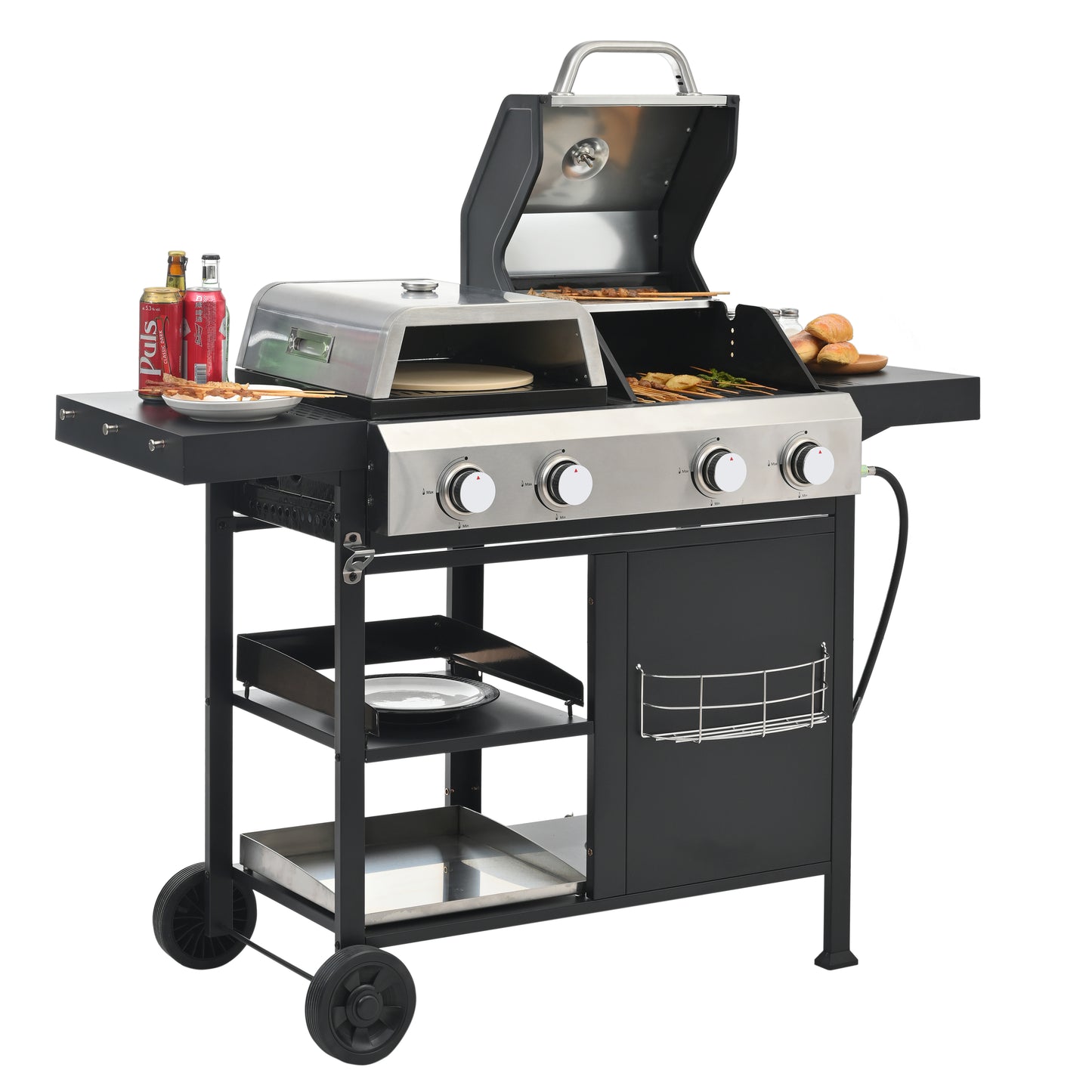 2+2 multifunctional gas barbecue grill and covered grill combination for outdoor cooking - barbecue, barbecue, pizza.