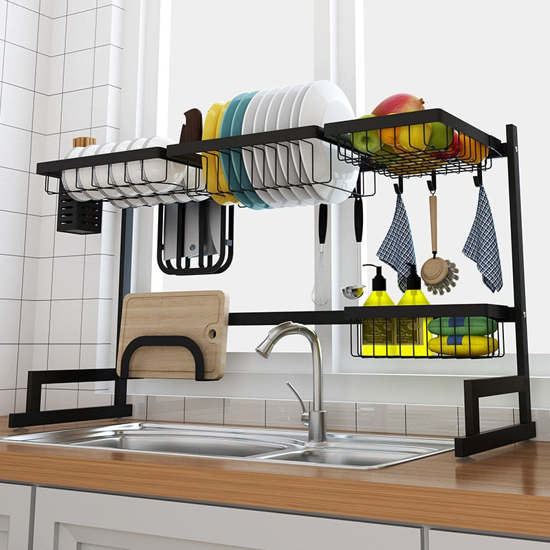 Black 65/85cm Stainless Steel Kitchen Dish Rack U Shape Sink Drain Rack Two layers Kitchen Storage Holder