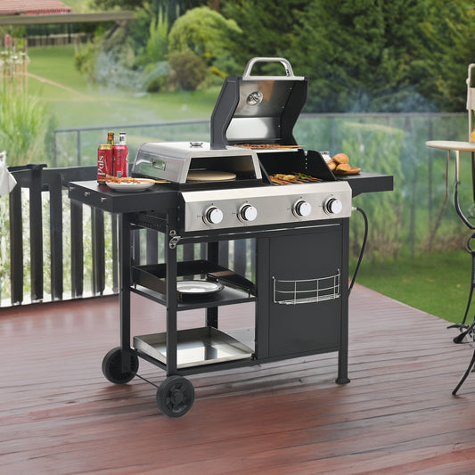 2+2 multifunctional gas barbecue grill and covered grill combination for outdoor cooking - barbecue, barbecue, pizza.